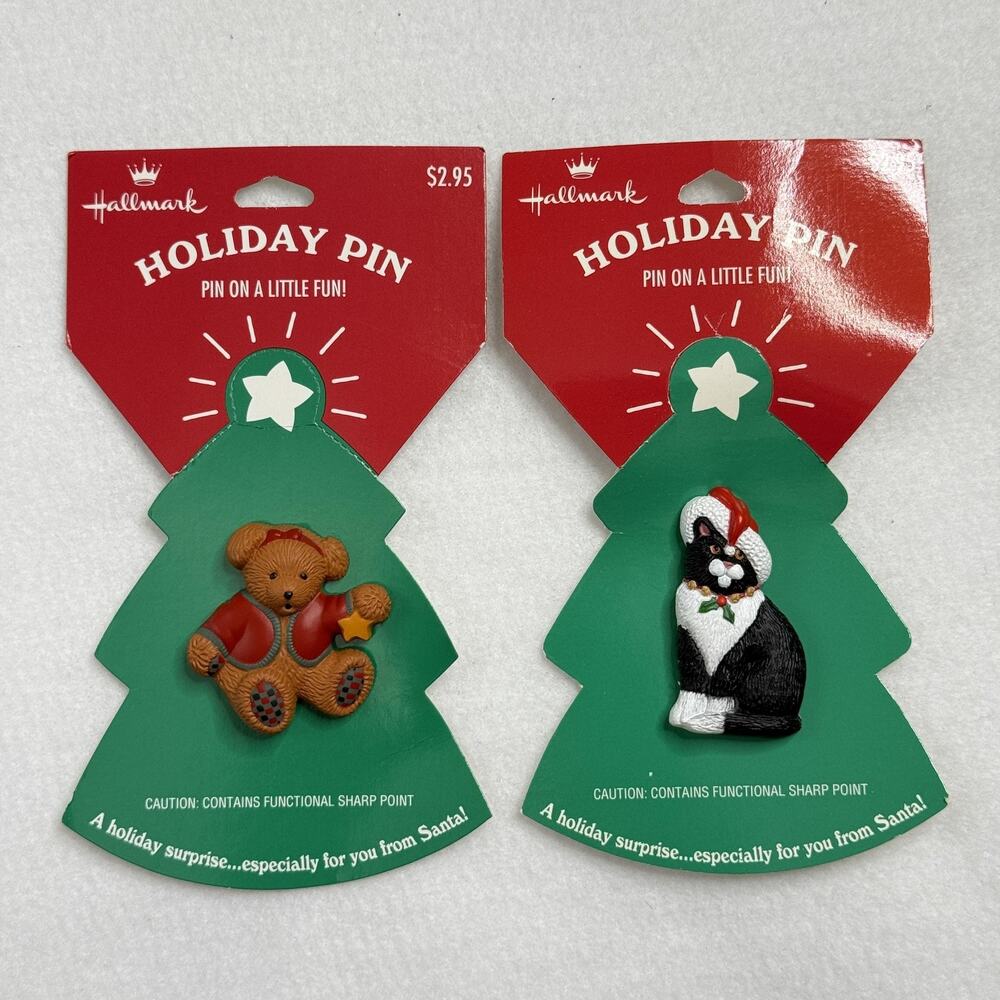 Hallmark Christmas Cat Holiday Pin Set Bear Vintage Brooch Lapel Pins NEW 90s